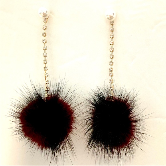 Pave Pearl Fur Ball Pom Drop Gold Earrings - Picture 5 of 7